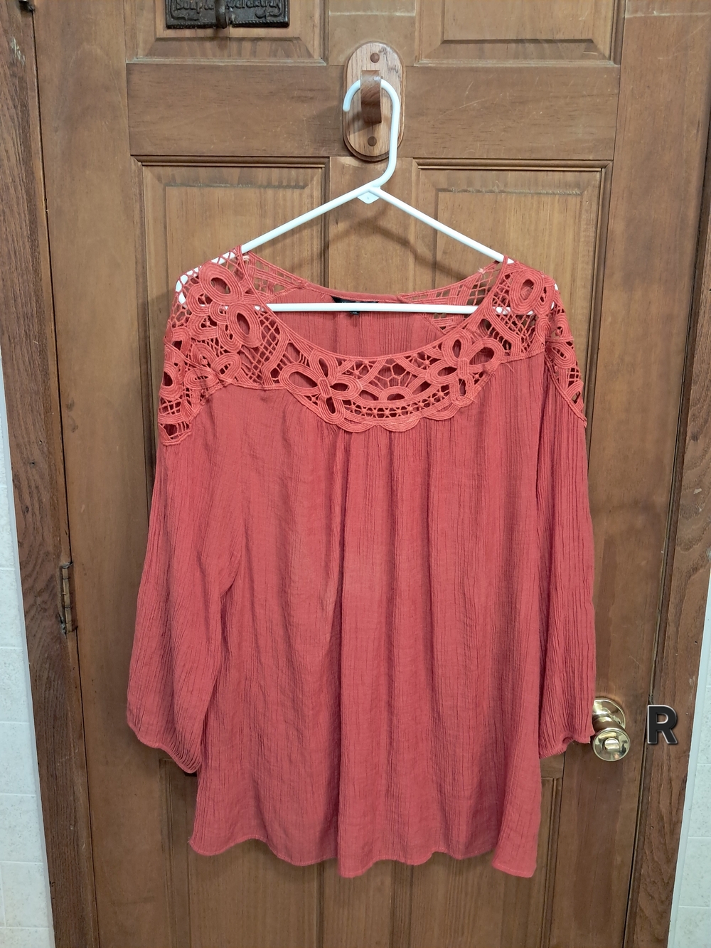 3X Hannah Coral Crochet Yoke Tunic Top